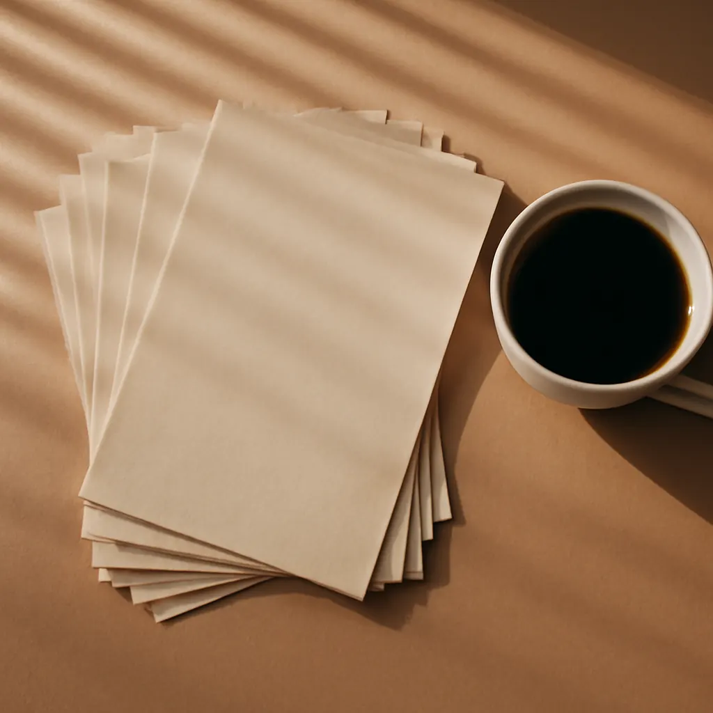 A stack of cream printed pages on a sand-coloured desk beside a coffee cup