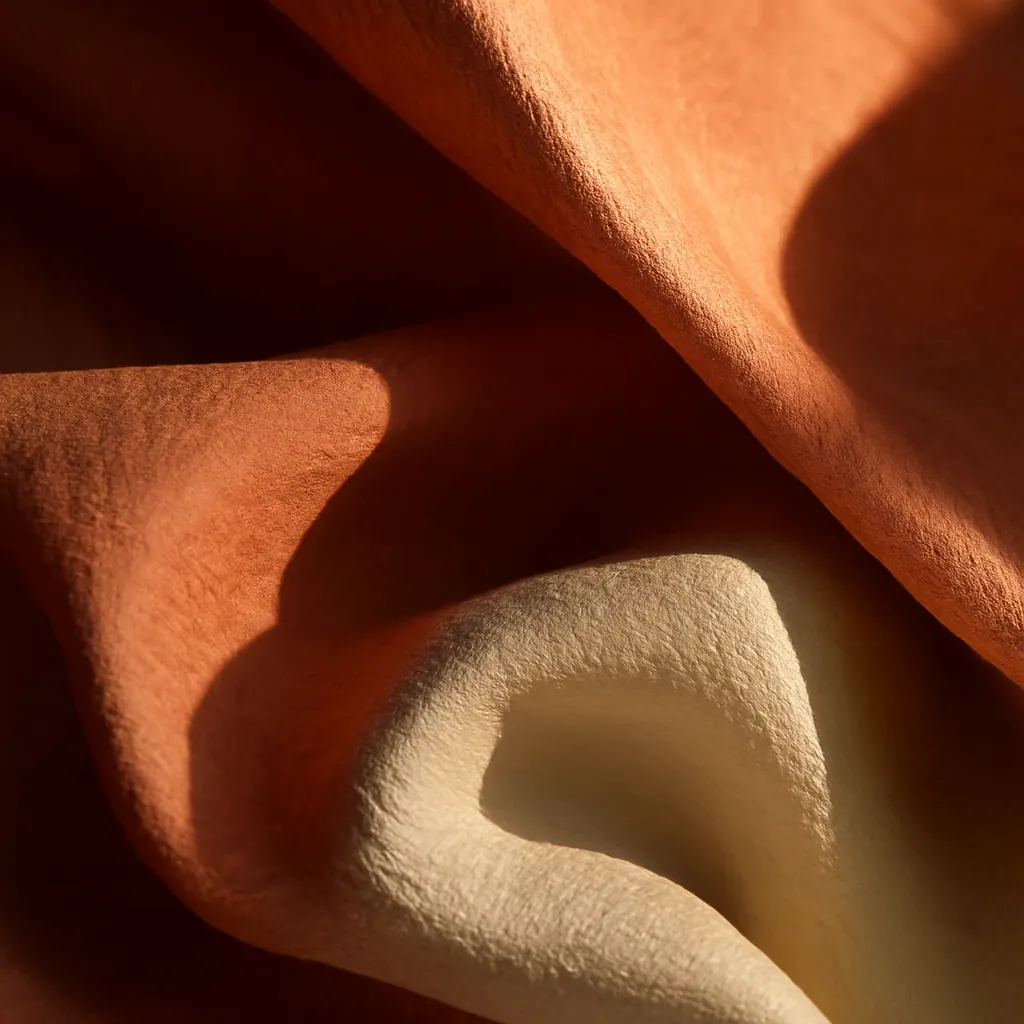 Folded raw silk in terracotta and bone catching hard sunlight